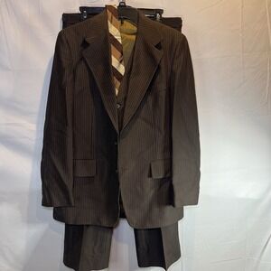 1970s Vintage Custom Made Mens Suit Brown Stripe 4 Piece Pants Tie Vest Coat